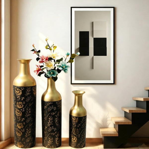 English Elm Decorative Tall Metal Floor Vase Trio Matte Black Gold Leaf Finish for Living Room W5977P521308