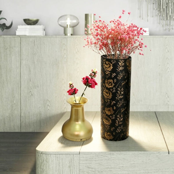 English Elm Decorative Tall Metal Floor Vase Trio Matte Black Gold Leaf Finish for Living Room W5977P521308