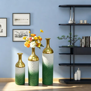 English Elm Decorative Metal Floor Vase Trio Handcrafted White Green Leaf Artisan Home Accent W5977P521310
