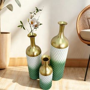 English Elm Decorative Metal Floor Vase Trio Handcrafted White Green Leaf Artisan Home Accent W5977P521310