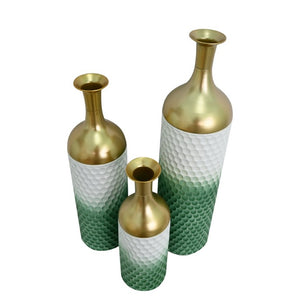 English Elm Decorative Metal Floor Vase Trio Handcrafted White Green Leaf Artisan Home Accent W5977P521310