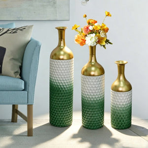 English Elm Decorative Metal Floor Vase Trio Handcrafted White Green Leaf Artisan Home Accent W5977P521310