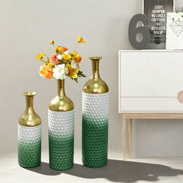 English Elm Decorative Metal Floor Vase Trio Handcrafted White Green Leaf Artisan Home Accent W5977P521310
