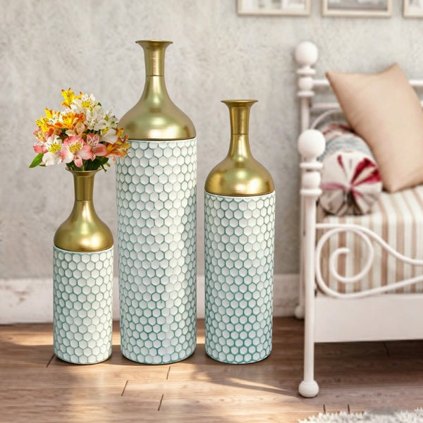 English Elm Decorative Metal Floor Vase Trio White Gold Honeycomb Texture Graduated Heights Home W5977P521314