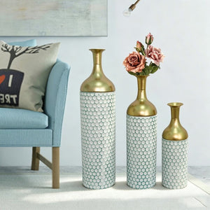 English Elm Decorative Metal Floor Vase Trio White Gold Honeycomb Texture Graduated Heights Home W5977P521314