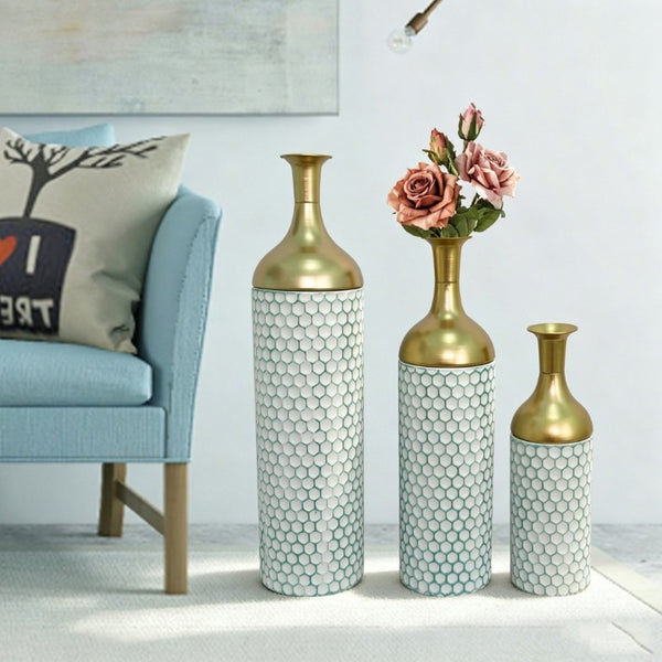 English Elm Decorative Metal Floor Vase Trio White Gold Honeycomb Texture Graduated Heights Home W5977P521314