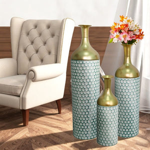 English Elm Decorative Metal Floor Vase Trio White Gold Honeycomb Texture Graduated Heights Home W5977P521314