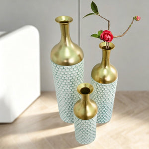 English Elm Decorative Metal Floor Vase Trio White Gold Honeycomb Texture Graduated Heights Home W5977P521314