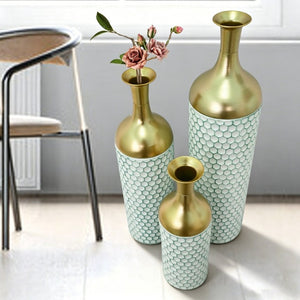 English Elm Decorative Metal Floor Vase Trio White Gold Honeycomb Texture Graduated Heights Home W5977P521314
