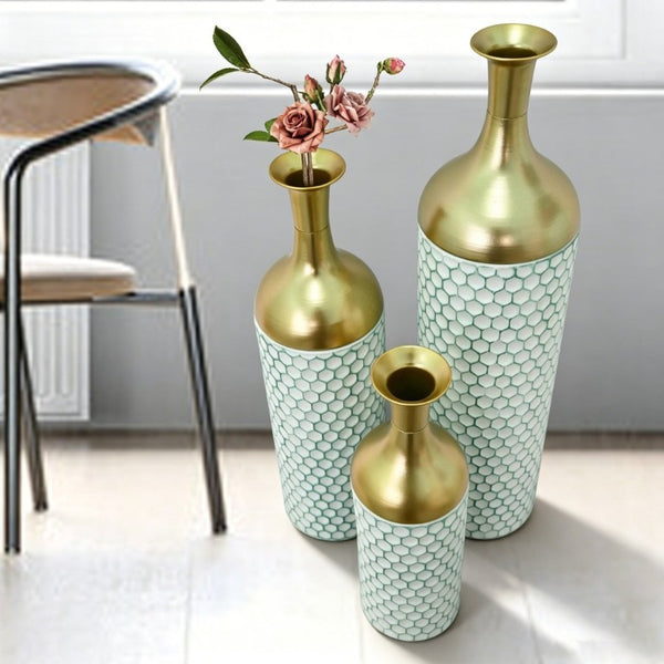 English Elm Decorative Metal Floor Vase Trio White Gold Honeycomb Texture Graduated Heights Home W5977P521314