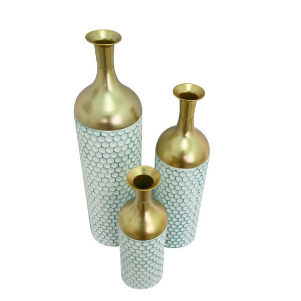 English Elm Decorative Metal Floor Vase Trio White Gold Honeycomb Texture Graduated Heights Home W5977P521314