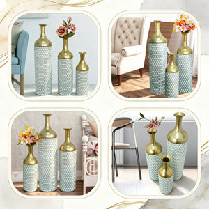 English Elm Decorative Metal Floor Vase Trio White Gold Honeycomb Texture Graduated Heights Home W5977P521314