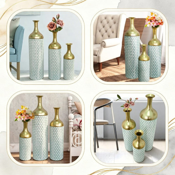 English Elm Decorative Metal Floor Vase Trio White Gold Honeycomb Texture Graduated Heights Home W5977P521314
