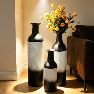 English Elm Decorative Glazed Metal Floor Vase Trio Black Leaf Pattern for Living Room Entryway W5977P521316