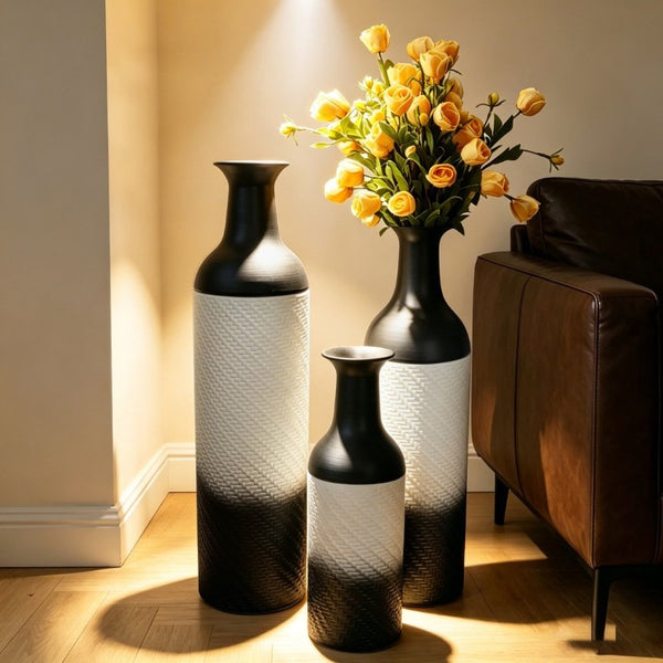 English Elm Decorative Glazed Metal Floor Vase Trio Black Leaf Pattern for Living Room Entryway W5977P521316