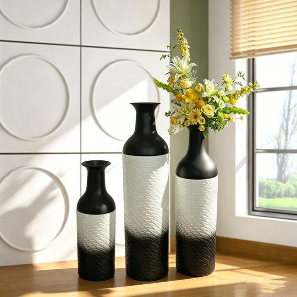 English Elm Decorative Glazed Metal Floor Vase Trio Black Leaf Pattern for Living Room Entryway W5977P521316