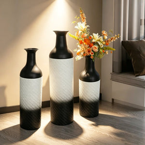 English Elm Decorative Glazed Metal Floor Vase Trio Black Leaf Pattern for Living Room Entryway W5977P521316