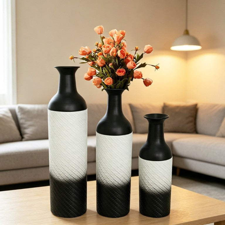 English Elm Decorative Glazed Metal Floor Vase Trio Black Leaf Pattern for Living Room Entryway W5977P521316