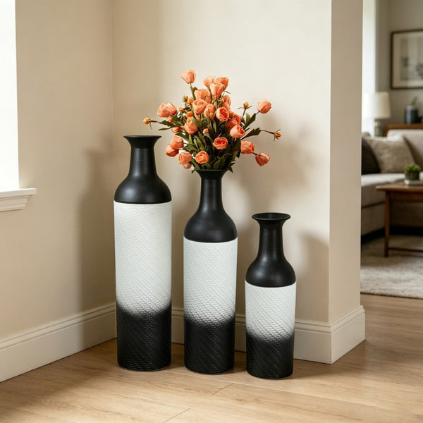 English Elm Decorative Glazed Metal Floor Vase Trio Black Leaf Pattern for Living Room Entryway W5977P521316