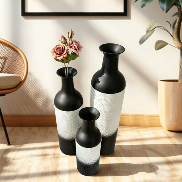 English Elm Decorative Glazed Metal Floor Vase Trio Black Leaf Pattern for Living Room Entryway W5977P521316