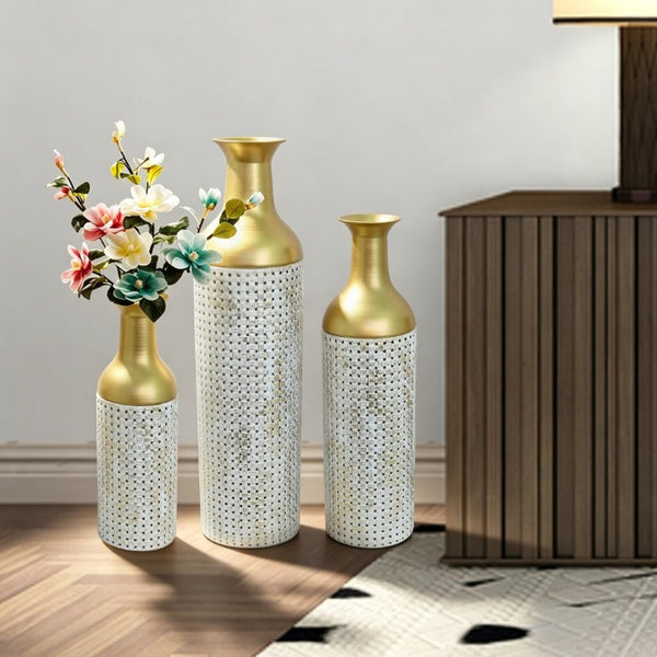 English Elm Decorative White Gold Honeycomb Metal Floor Vase Trio Sculptural Entryway Set W5977P521317