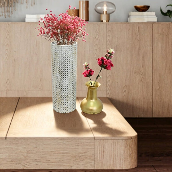 English Elm Decorative White Gold Honeycomb Metal Floor Vase Trio Sculptural Entryway Set W5977P521317