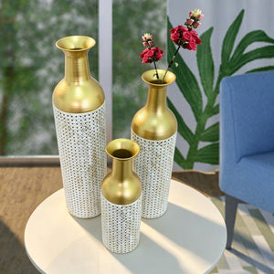 English Elm Decorative White Gold Honeycomb Metal Floor Vase Trio Sculptural Entryway Set W5977P521317