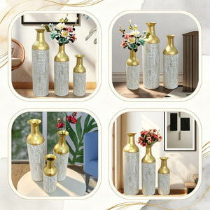 English Elm Decorative White Gold Honeycomb Metal Floor Vase Trio Sculptural Entryway Set W5977P521317