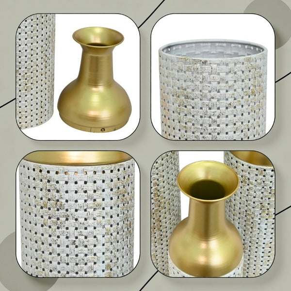 English Elm Decorative White Gold Honeycomb Metal Floor Vase Trio Sculptural Entryway Set W5977P521317