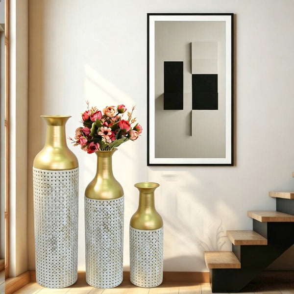 English Elm Decorative White Gold Honeycomb Metal Floor Vase Trio Sculptural Entryway Set W5977P521317