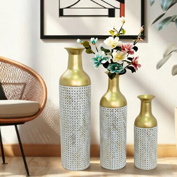 English Elm Decorative White Gold Honeycomb Metal Floor Vase Trio Sculptural Entryway Set W5977P521317