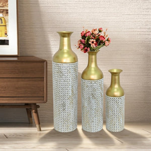 English Elm Decorative White Gold Honeycomb Metal Floor Vase Trio Sculptural Entryway Set W5977P521317