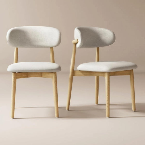 English Elm Set of 2 Japandi Ash Hardwood Dining Chairs with Curved Backrest and Padded Seat Oak W5982P506604