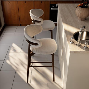 English Elm Set of 2 Ash Wood Counter Stools with Curved Back and Beige Upholstered Seat W5982P506627