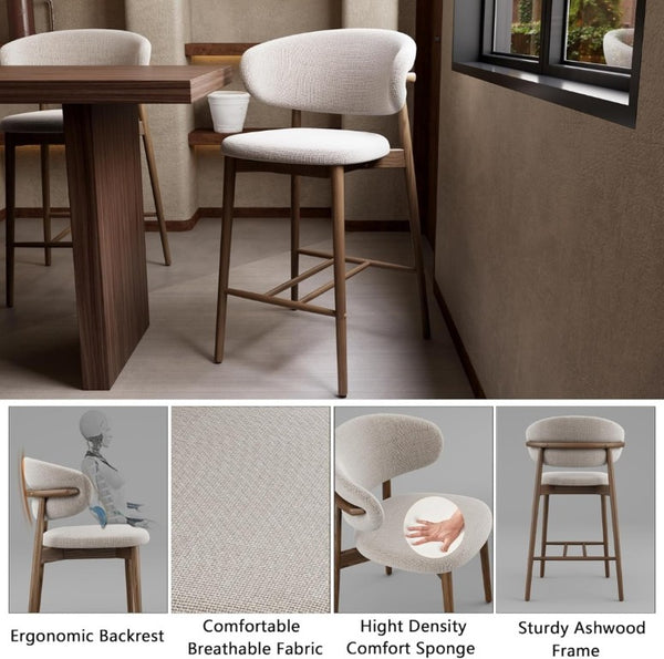 English Elm Set of 2 Ash Wood Counter Stools with Curved Back and Beige Upholstered Seat W5982P506627