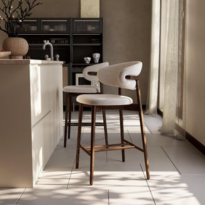English Elm Set of 2 Ash Wood Counter Stools with Curved Back and Beige Upholstered Seat W5982P506627