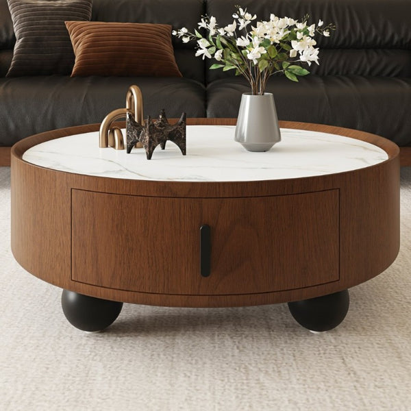 English Elm 35.43 Inch Round Stone Top Walnut Coffee Table with Hidden Drawer Mid-Century Modern W6002P517589