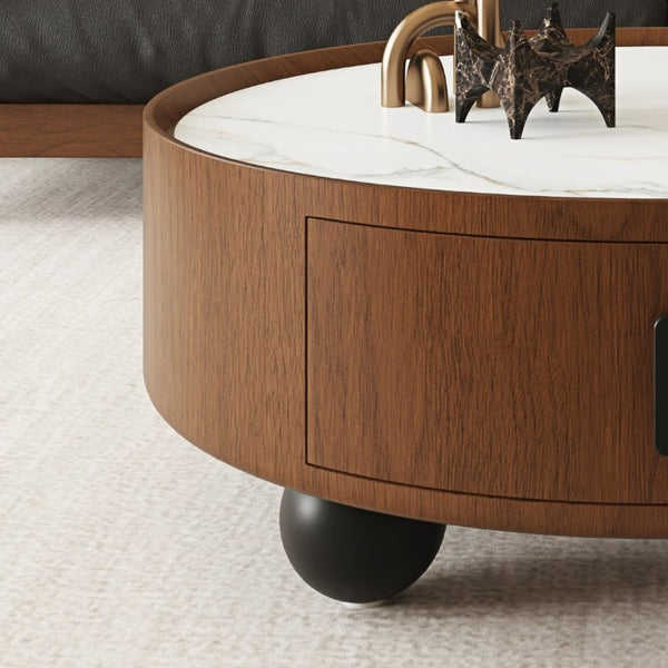 English Elm 35.43 Inch Round Stone Top Walnut Coffee Table with Hidden Drawer Mid-Century Modern W6002P517589