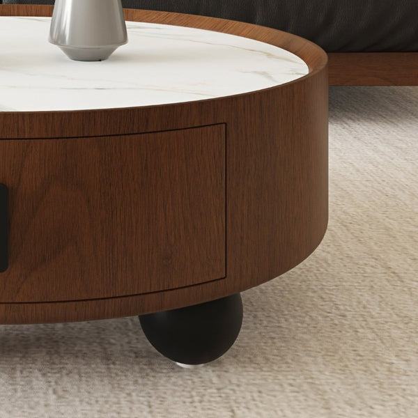 English Elm 35.43 Inch Round Stone Top Walnut Coffee Table with Hidden Drawer Mid-Century Modern W6002P517589
