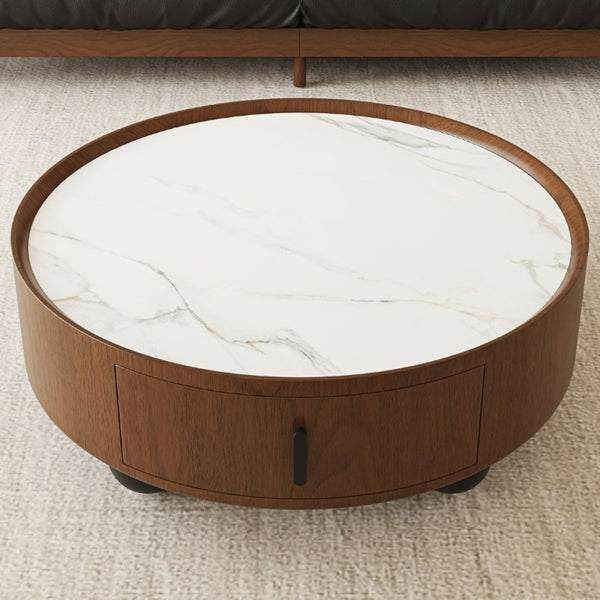 English Elm 35.43 Inch Round Stone Top Walnut Coffee Table with Hidden Drawer Mid-Century Modern W6002P517589