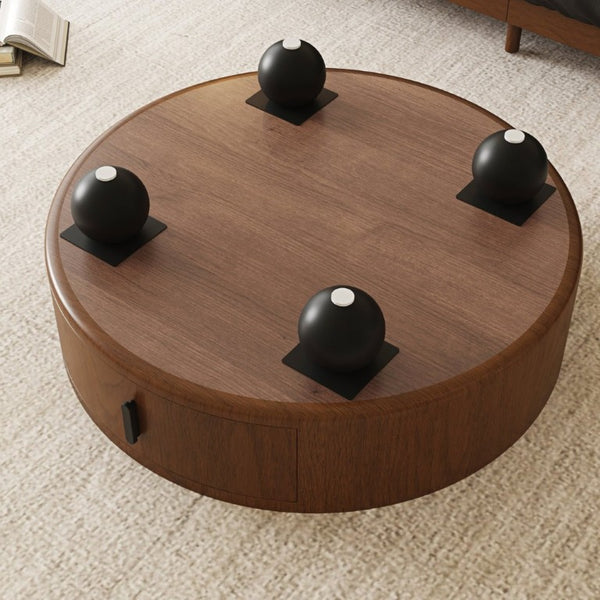English Elm 35.43 Inch Round Stone Top Walnut Coffee Table with Hidden Drawer Mid-Century Modern W6002P517589