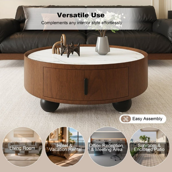 English Elm 35.43 Inch Round Stone Top Walnut Coffee Table with Hidden Drawer Mid-Century Modern W6002P517589