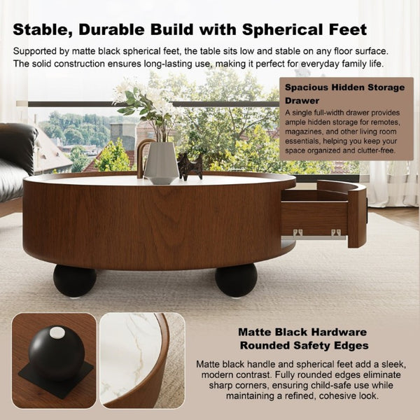 English Elm 35.43 Inch Round Stone Top Walnut Coffee Table with Hidden Drawer Mid-Century Modern W6002P517589