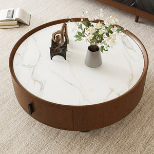 English Elm 35.43 Inch Round Stone Top Walnut Coffee Table with Hidden Drawer Mid-Century Modern W6002P517589