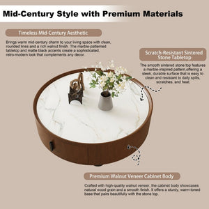 English Elm 35.43 Inch Round Stone Top Walnut Coffee Table with Hidden Drawer Mid-Century Modern W6002P517589