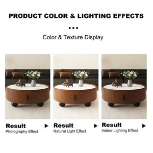 English Elm 35.43 Inch Round Stone Top Walnut Coffee Table with Hidden Drawer Mid-Century Modern W6002P517589