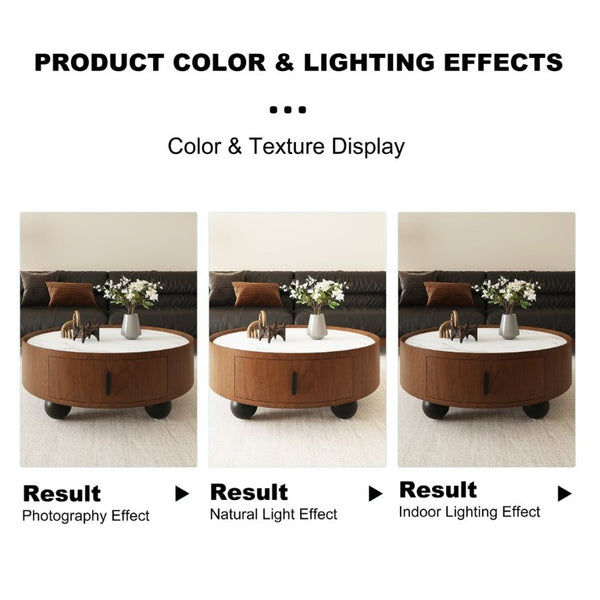 English Elm 35.43 Inch Round Stone Top Walnut Coffee Table with Hidden Drawer Mid-Century Modern W6002P517589