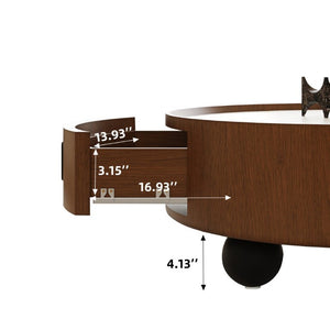 English Elm 35.43 Inch Round Stone Top Walnut Coffee Table with Hidden Drawer Mid-Century Modern W6002P517589