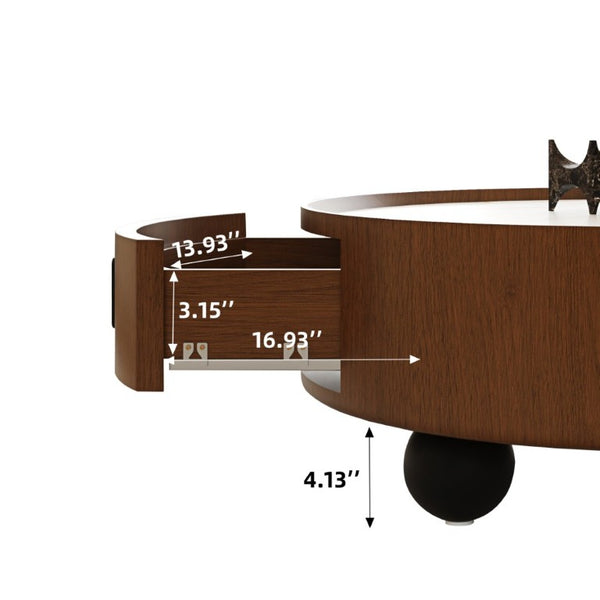 English Elm 35.43 Inch Round Stone Top Walnut Coffee Table with Hidden Drawer Mid-Century Modern W6002P517589