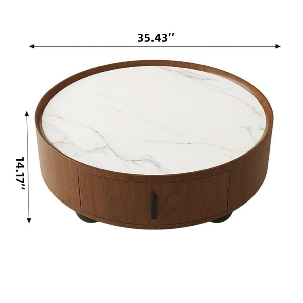 English Elm 35.43 Inch Round Stone Top Walnut Coffee Table with Hidden Drawer Mid-Century Modern W6002P517589